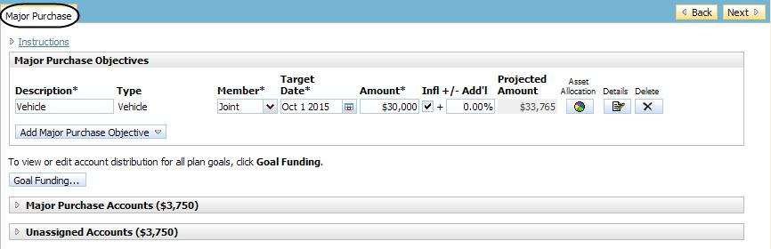 Figure 111: Set Goals section Major Purchase category Major Purchase page (Level 2 Plan) 5.