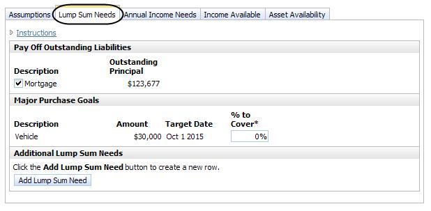 Figure 136: Set Goals section Disability Income category Client/Co-client Objectives page Lump Sum Needs tab (Level 2 Plan, Income Coverage Analysis method selected) 2.