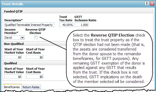 Figure 148: Trust Details dialog box (showing irrevocable life insurance trust details) Funded qualified