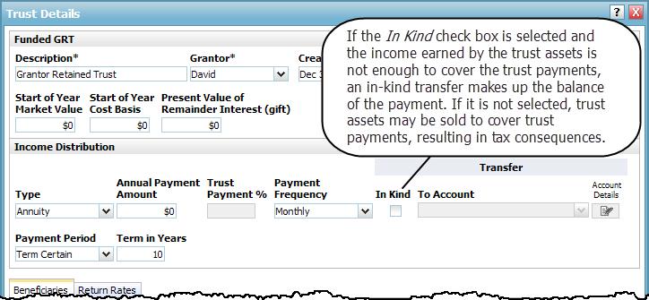 Figure 153: Trust Details dialog box (showing family limited partnership trust details) Funded grantor retained trust details As well as the usual funding details, for the