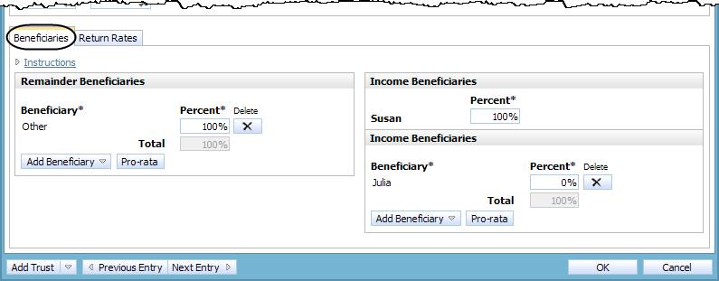 This procedure assumes you are already on the Trust Details dialog box Beneficiaries tab, which is accessible from the Set Goals