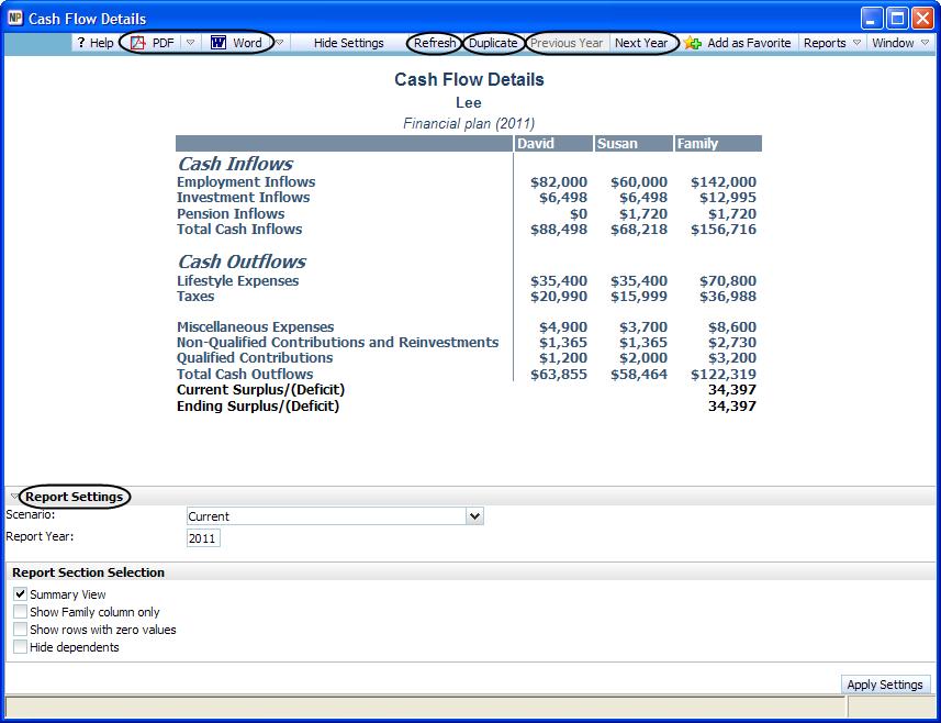 NaviPlan redisplays the report based on the applicable year. Figure 169: Cash Flow Details report 4. To redisplay the report settings, click Report Settings at the bottom of the report window.