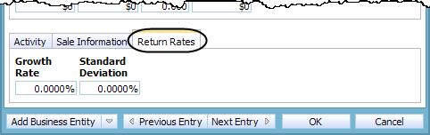 Modifying return rates To modify return rates for the business entity, go to the Return Rates tab, and then enter the growth rate and standard deviation.