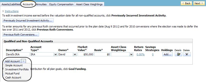To enter an investment account, follow these steps: 1. Go to the Enter Financial Data section Net Worth category Accounts page.