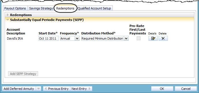 3. Go to the Redemptions tab, and then click Substantially Equal Periodic Payments (SEPP).