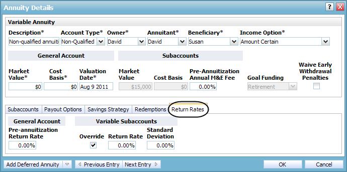 Overriding calculated return rates for variable annuities NaviPlan Premium calculates an overall return rate for a variable annuity based on the return rates and dollar value of the subaccounts in