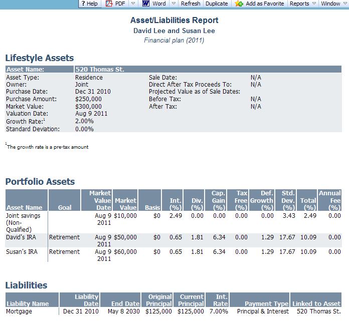 2. Click Assets/Liabilities Report. The Asset/Liabilities report generates. Figure 65: Asset/Liabilities report 3.