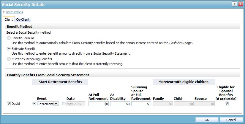 Figure 69: Social Security Details dialog box (Level 1 Plan, Estimate Benefit selected) 7.