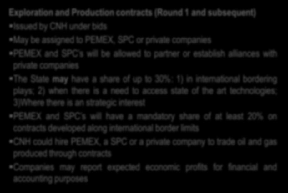 may have a share of up to 30%: 1) in international bordering plays; 2) when there is a need to access state of the art technologies; 3)Where there is an strategic interest PEMEX and SPC s