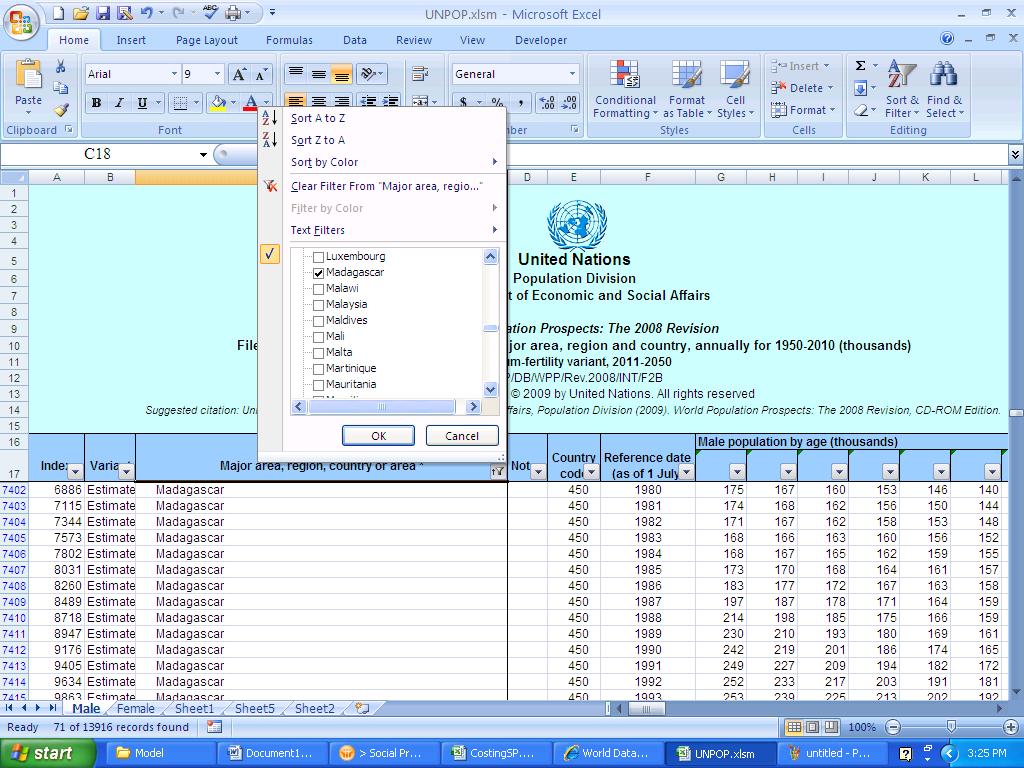 Importing DESA Population Projection 1- Open file UNPOP.xlsm, go to sheet male.