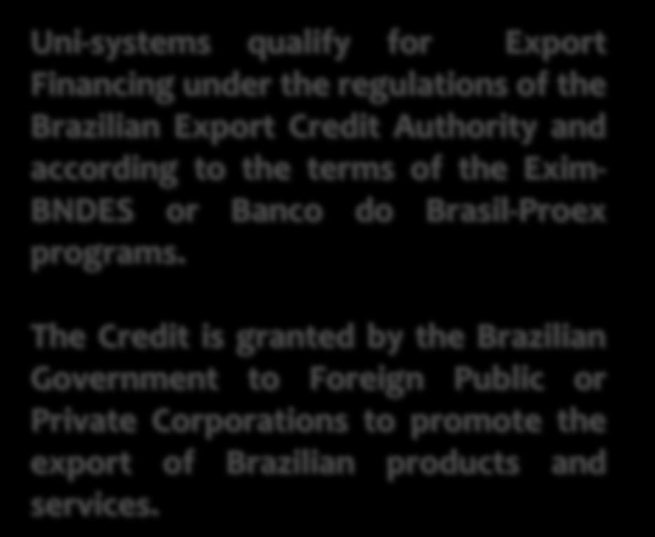 Project Financing Pro-Ex Program Uni-systems qualify for Export Financing under the