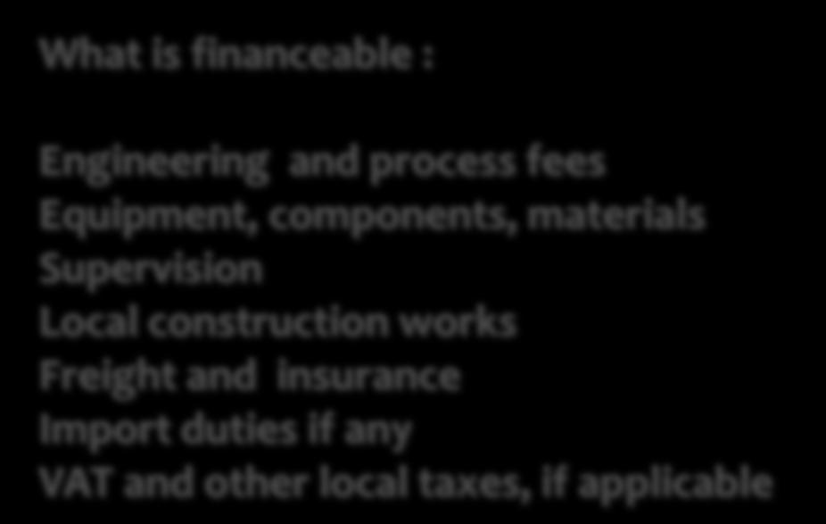 Project Financing Pro-Ex Program What is financeable : Engineering and process fees Equipment, components, materials