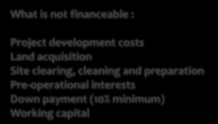 Project Financing Pro-Ex Program What is not financeable : Project development costs Land acquisition