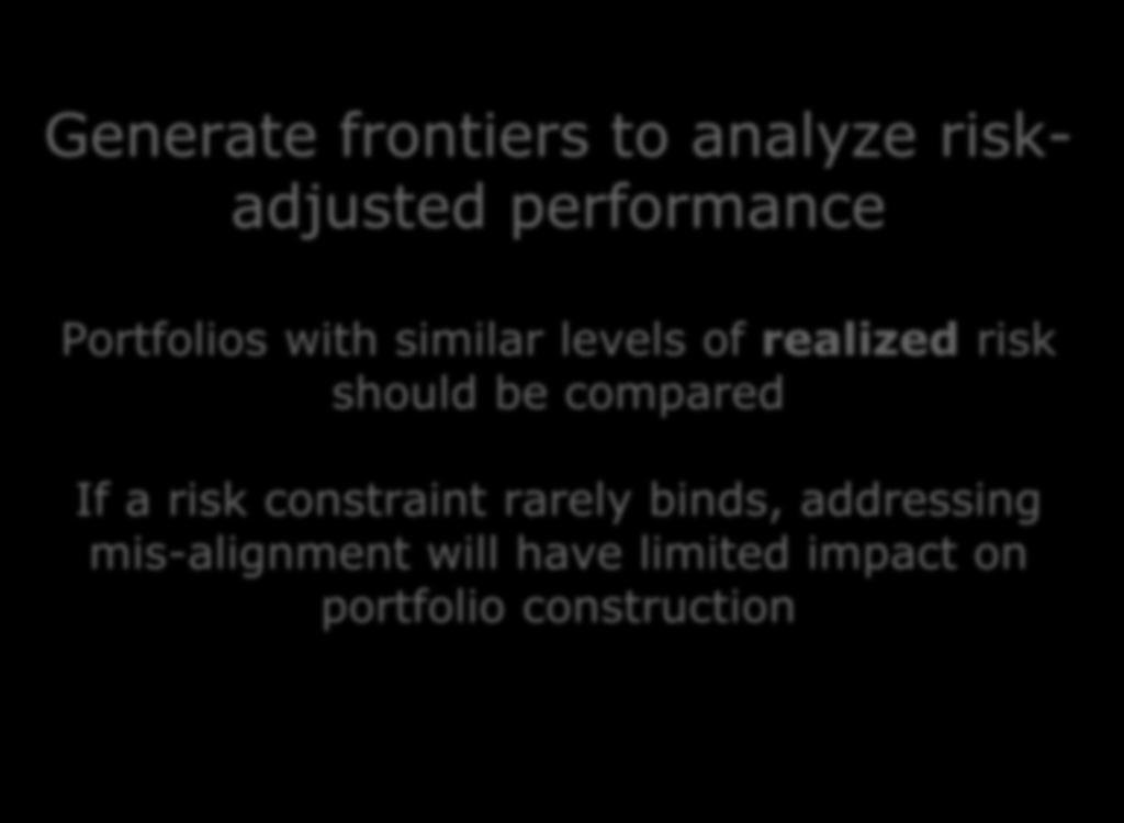 Generate frontiers to analyze riskadjusted performance Portfolios with similar levels of realized risk should be