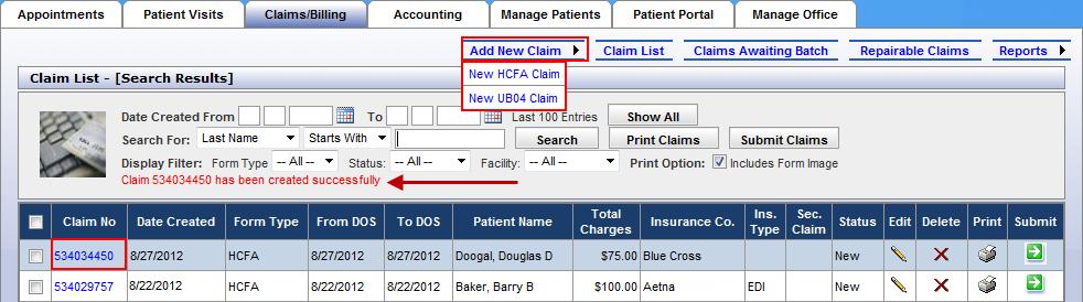 You can also submit the claims one by one by clicking the icon in the Submit column,, for that claim. The procedure is the same to print the claims in a batch, or one by one.