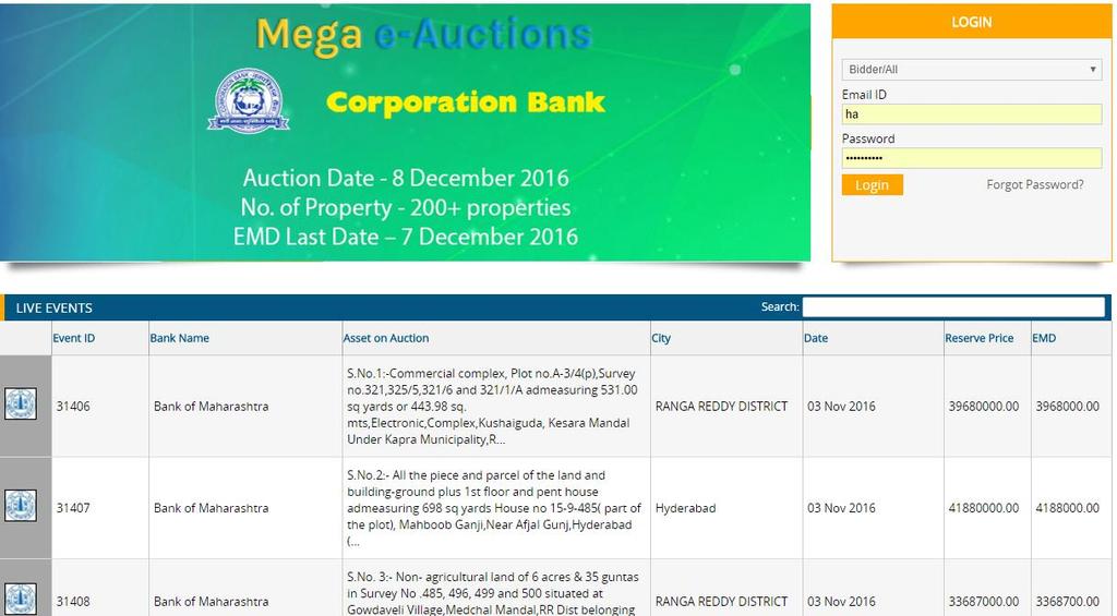 Bidders can search / view the live auction events and can download the related documents without login on the