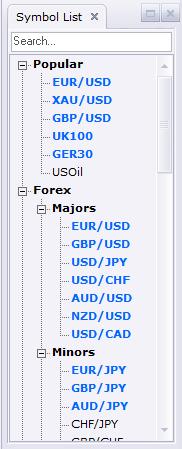 Symbols List Left of the Dealing Rates is the Symbols List. This window is used to add and remove the Currency Pairs and CFDs you want to trade. The Symbols List will not be open by default.