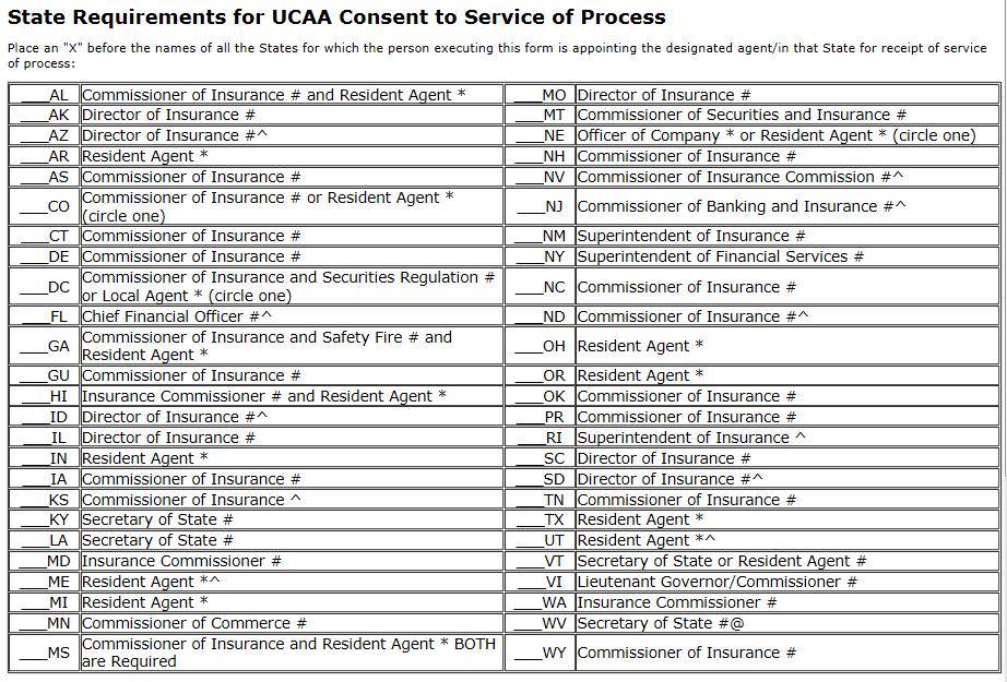 UCAA Expansion Insurer Uniform Consent to Service of Process For some states, notification of a lawsuit against a company doing business in that state must first be sent to the insurance commissioner
