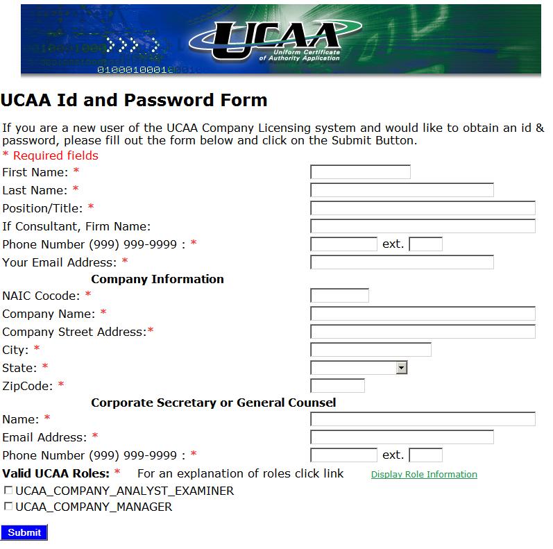To request a UCAA ID and password complete the UCAA ID and Password form, choose a valid UCAA role, and click Submit.