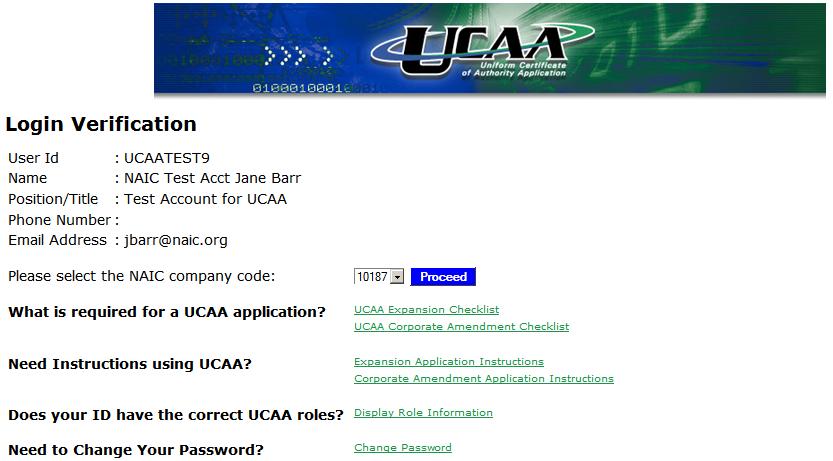 UCAA Expansion Insurer A login verification screen opens with the user information.