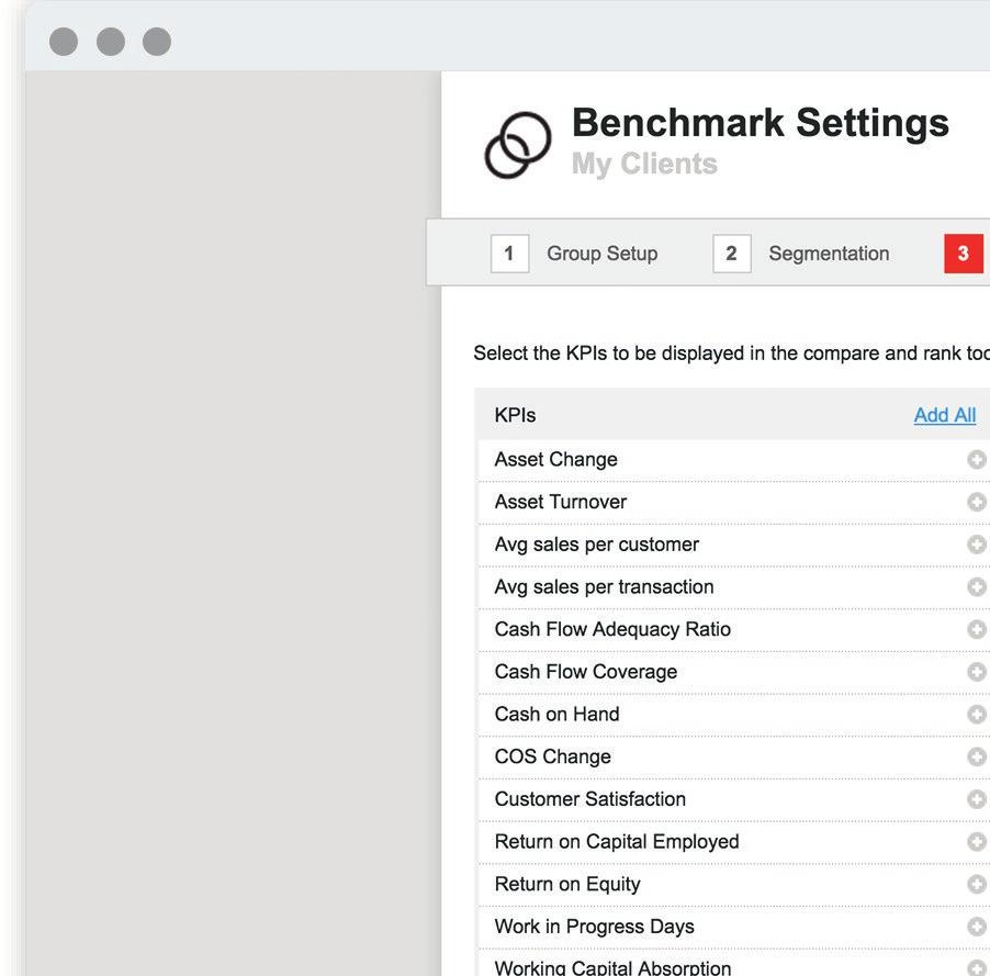 BENCHMARK SETTINGS Step 3: KPIs You can also specify which KPIs you