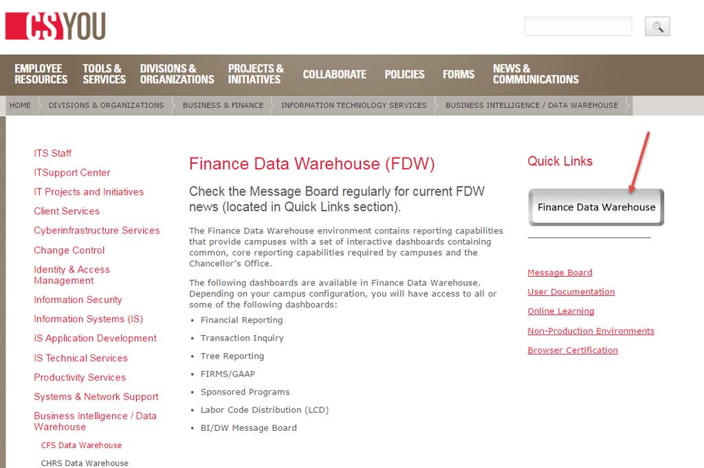 Step 1: Lg int Finance Data Warehuse 1. In MySJSU, click the Finance Data Warehuse hyplink.