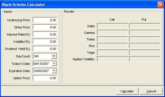 2.3.2 Calculator The Option Analytics component tool bar includes an icon to launch an options calculator that allows the user to perform quick