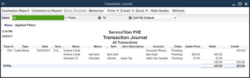 The adjustment invoice will show in your Transaction Journal as a debit to the