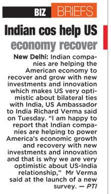 Headline: Indian cos help US economy recover Publication: The Asian Age About The Publication: India's global newspaper, The Asian Age, was launched simultaneously from Delhi, Mumbai and London In