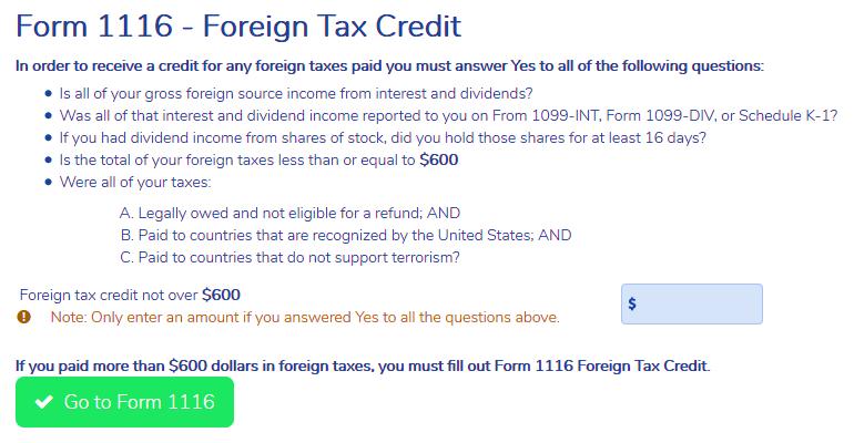 Foreign Tax Credit 1116 Input Screen Input amount (this screen for