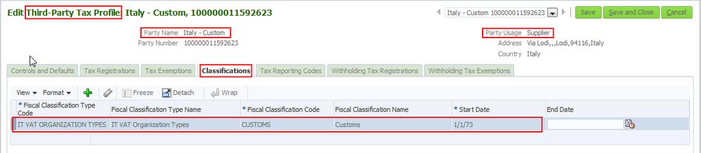 Assign party fiscal classification CUSTOMS at party or party site level under the Classifications tab. Create a specific dummy supplier for the self invoices.