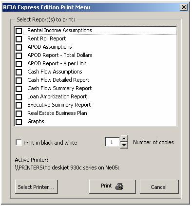 0BIntroduction and General Information Figure 1-6 Reports Menu You can also print parts of any visible worksheet by pulling down the Excel File menu and choosing Print.