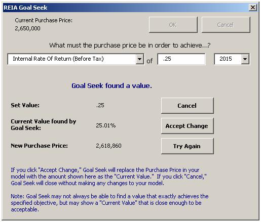 Cash Flow and Resale The first, Set Value, indicates the goal you set, as entered in the middle box (Figure 10-16), i.e., the rate or amount you are seeking.