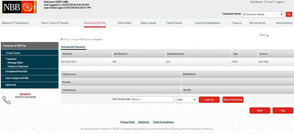 Select a payee and click on Enquiry. The screen will be taken to payment initiation page.