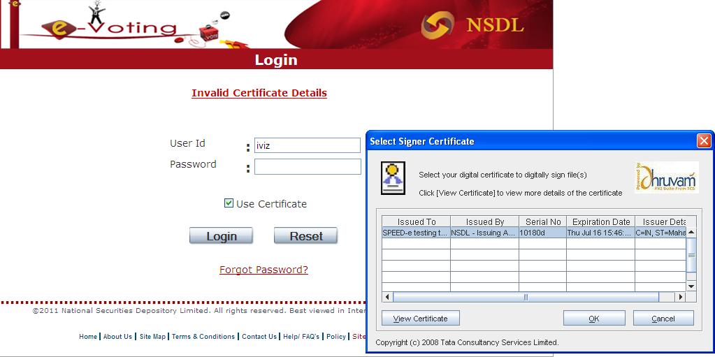 Issuer/R&T Agent Login: Digital Signature Certificate: An option to select the DSC of the user will be displayed.