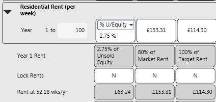 In this illustration, column A shows the two part input box. The top part is set to % of Unsold Equity and the lower part to a value of 2.75%. Move the cursor away and the actual rent of 83.