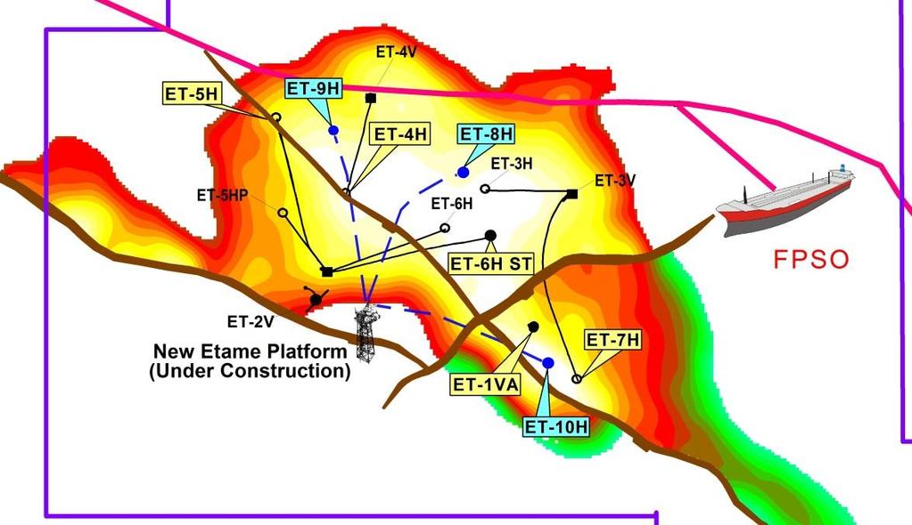 Etame Field Expansion Project New Etame Platform $175 million gross investment in the new platform ($49 million net) 4 pile, 8 slot platform in water depth of 85 meters Initial 3 well