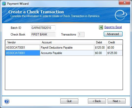 5.2. Create a Check Transaction After selecting the payment that you wish to pay, you will come to this screen. First you must enter a batch ID. This ID will be sent to GP.