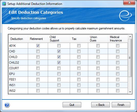 2.2. Categorize Deduction During this setup you will categorize your deductions into certain deduction categories, Retirement, Child Support, Tax, Union Dues, and Medical Insurance.