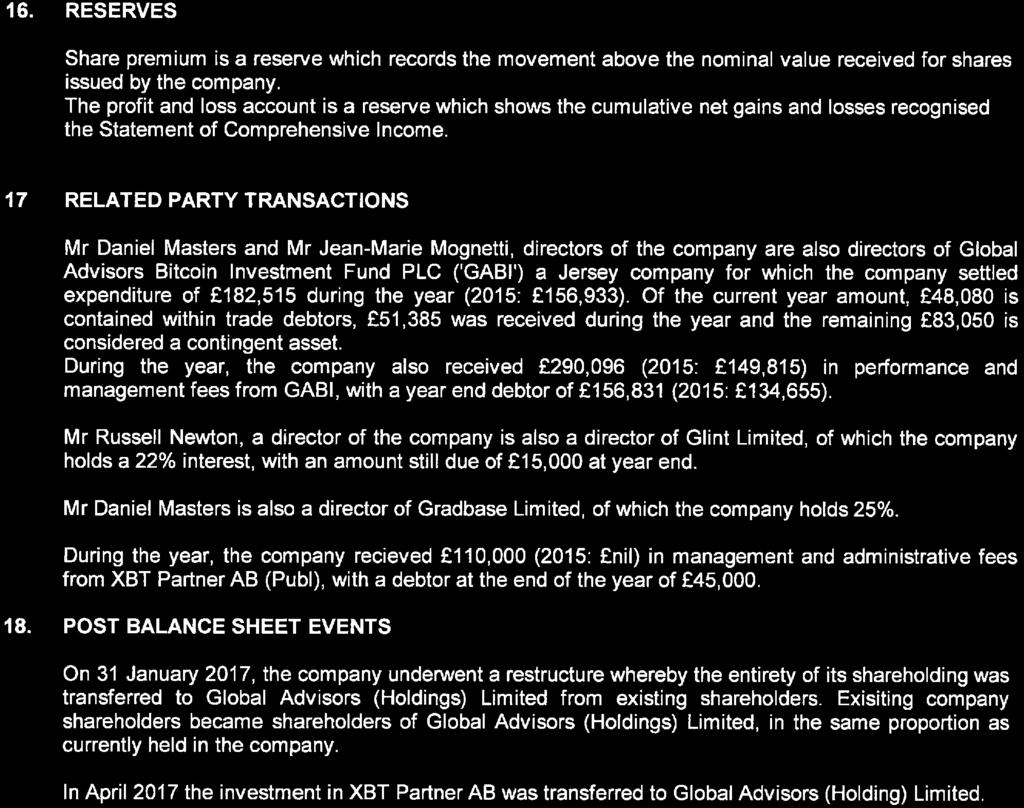 17 RELATED PARTY TRANSACTIONS Mr Daniel Masters and Mr Jean-Marie Mognetti, directors of the company are also directors of Global Advisors Bitcoin Investment Fund PLC ('GABI') a Jersey company for