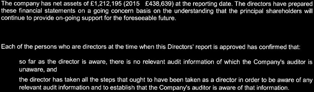 DIRECTORS' REPORT (CONTINUED) GOING CONCERN The company has net assets of 1, 212, 195 (-438, 639) at the reporting date.