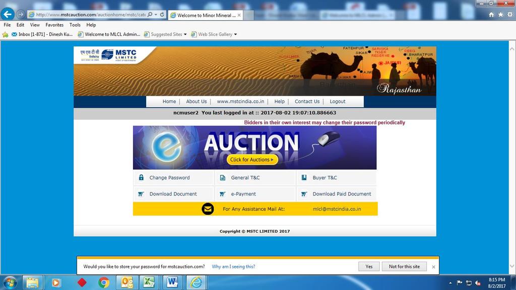 Minor Mineral Block e-auction Process: Step 1: Bidders login Page Click On e-payment