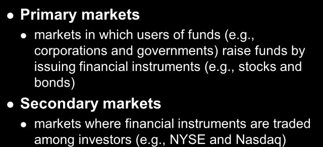 dimensions: primary versus secondary markets money versus capital markets Primary markets markets in which users of funds (e.