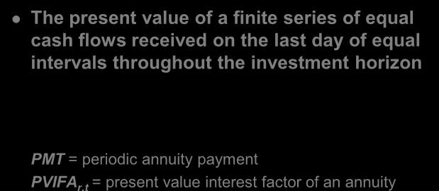 Present Value of an Annuity Future Value of an Annuity The present value of a finite series of equal cash flows received on the last day of