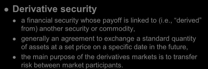 Derivative Security Markets Derivative Security Markets Derivative security a financial security whose payoff is linked to (i.e., derived from) another security or