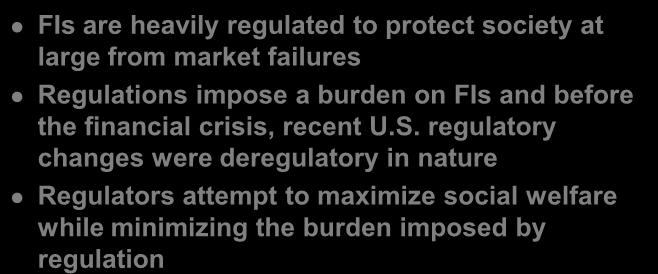 Regulation of Financial Institutions Globalization of Financial Markets and Institutions FIs are heavily regulated to protect society at large from market failures Regulations