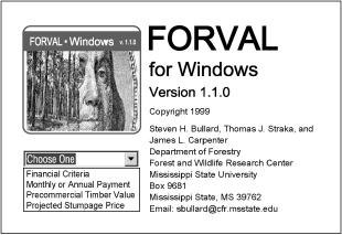 Figure 1. Getting Started with FORVAL FORVAL (FORest VALuation) for Windows is a computer program for cash flow analysis of forestry investments.
