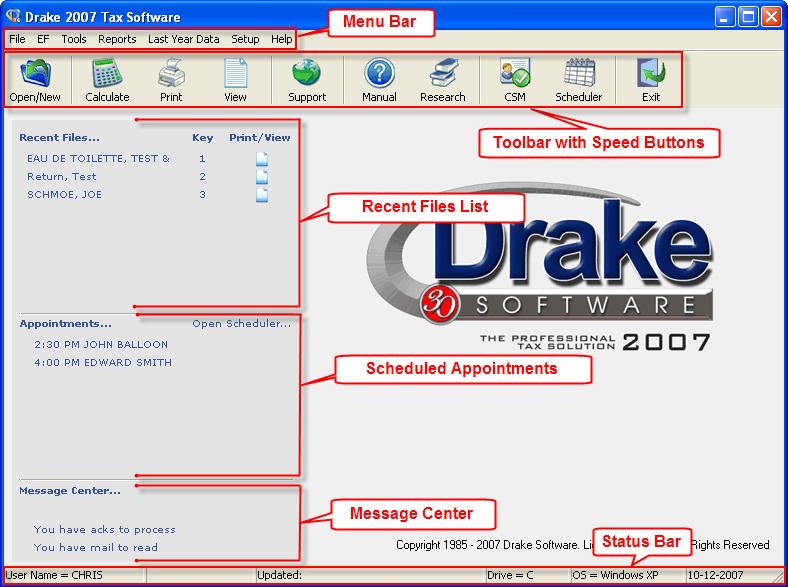 2007 DRAKE SOFTWARE Basics 7 THE HOME WINDOW The main screen in the Drake program is referred to as the Home window.