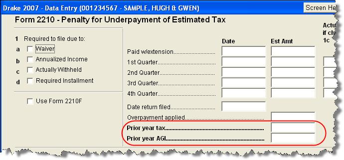 2210 Requirements The IRS does not recommend that taxpayers complete Form 2210 unless required. Check the applicable box of this screen to indicate why the form is required.