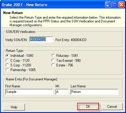 2007 DRAKE SOFTWARE Basics 9 SSN/EIN Verification Enter the taxpayer SSN (do not use dashes or spaces).